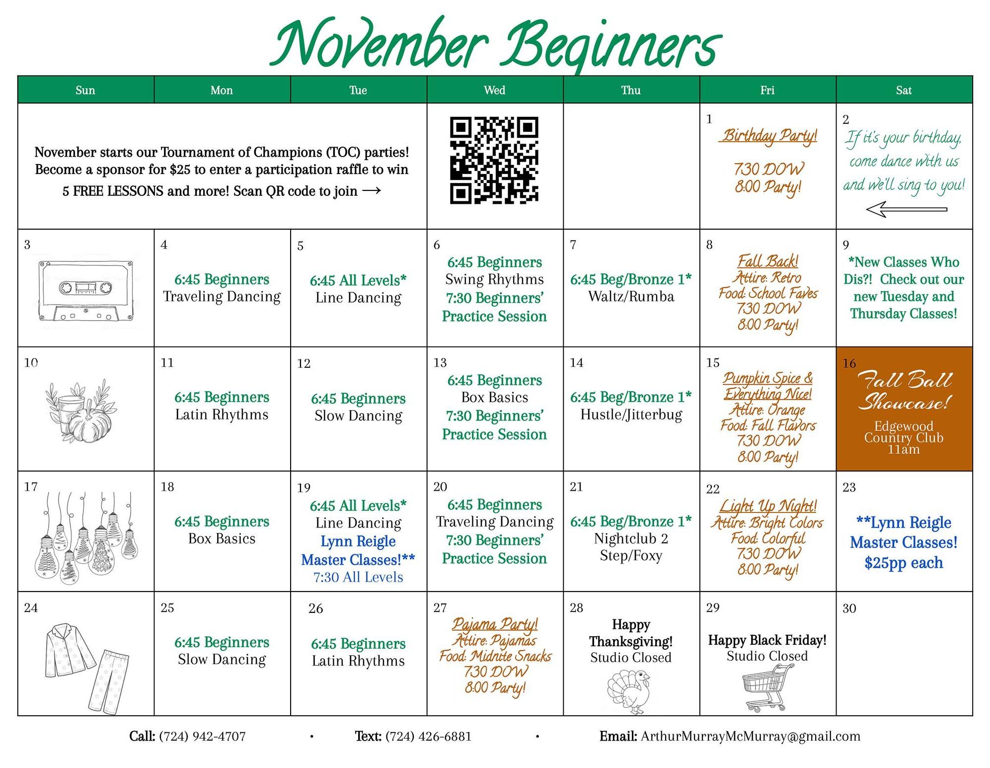 Arthur Murray McMurray 2024 November Beginners Calendar